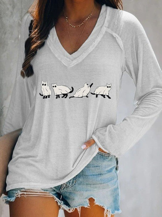 Women's Halloween Ghost Cats Print Double V-Neck Long Sleeve T-Shirt