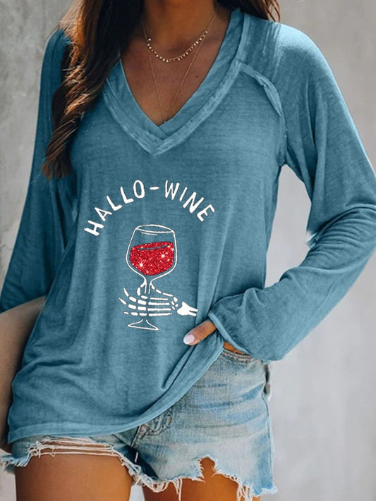 Women's Halloween Hallo Wine V-Neck T-Shirt