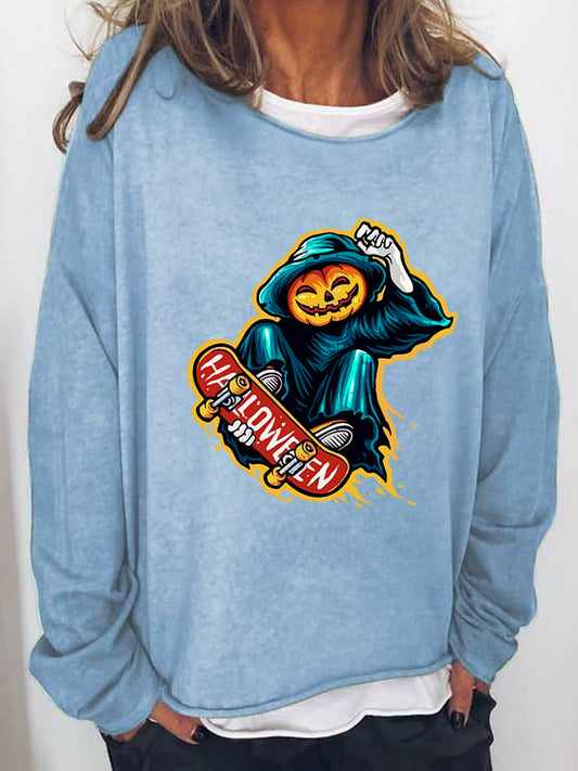 Women's Halloween Pumpkin Man Skateboard Cartoon Print Long Sleeve T-Shirt