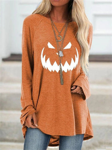 Women's Halloween Pumpkin Face Print Long T-Shirt