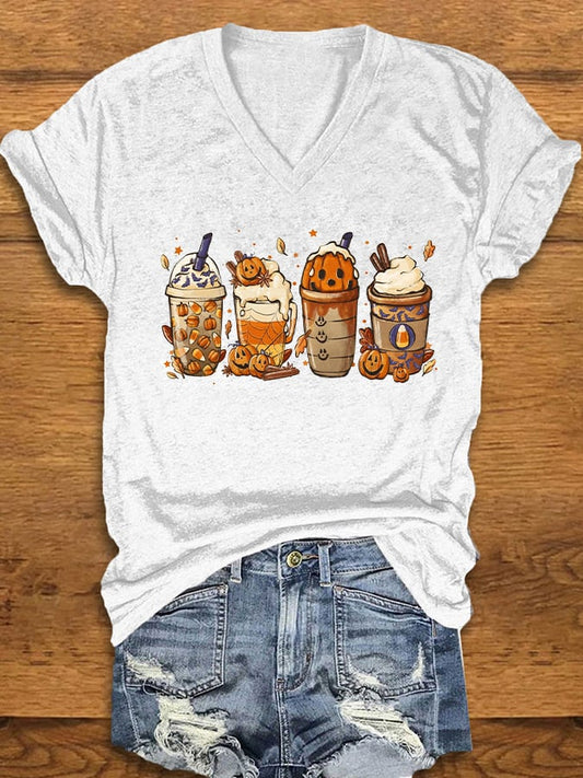 Women's Halloween Pumpkin Print V-Neck T-Shirt