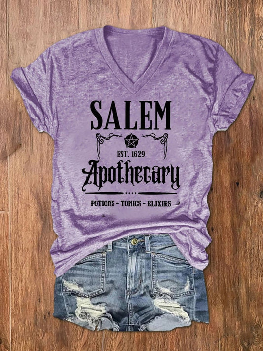 Women's Salem Apothecary Print V-Neck T-Shirt