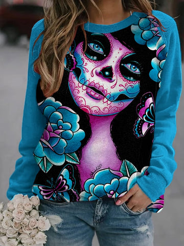 Women's Art Sugar Skull Print Casual Sweatshirt