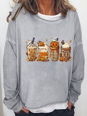 Women's Halloween Pumpkin Print Crew Neck Sweatshirt