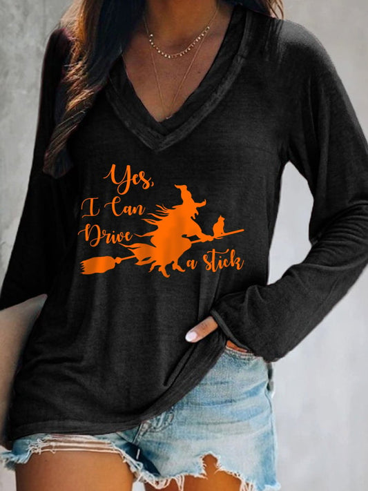 Women's Yes I Can Drive a Stick Funny Witch Casual V-Neck Long-Sleeve T-Shirt