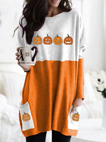 Women's Halloween Pumpkin Print Pocket T-Shirt