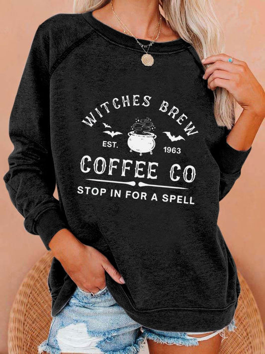 Women's Halloween Witches Brew Coffee Co Stop In For A Spell Print Casual Sweatshirt