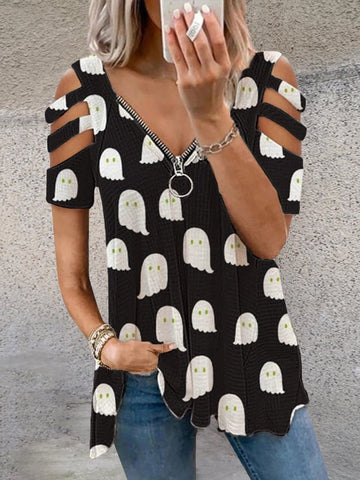 Women's Cute Ghost Print Zipper V-Neck T-Shirt