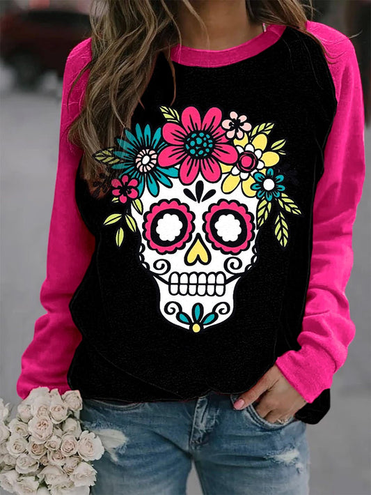 Women's Day of the Dead Sugar Skull Flower Crown Print Sweatshirts