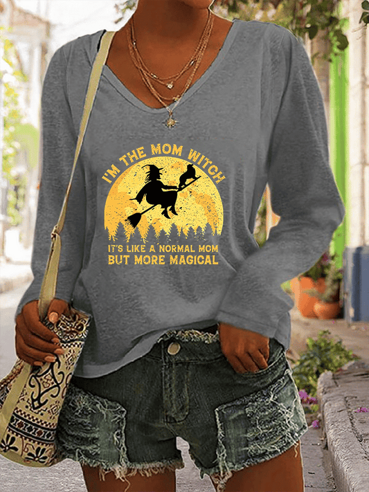 Women's I'M THE MOM WITCH Fun Print Casual V-Neck Long Sleeve T-Shirt