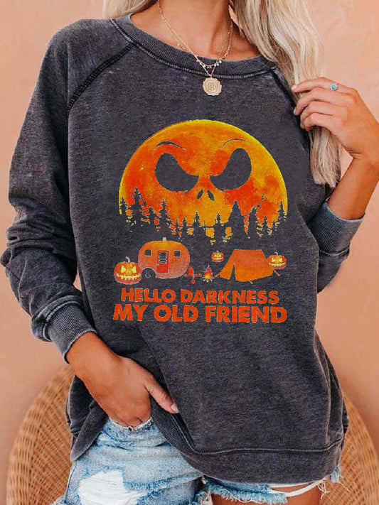 Halloween Pumpkin Hello Darkness My Old Friend Printed Sweatshirt