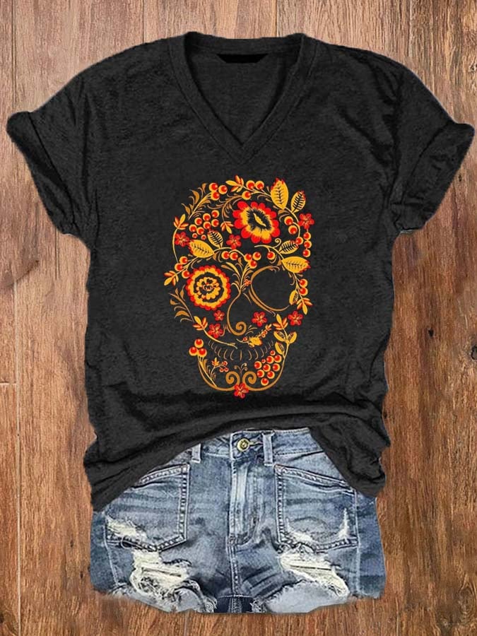 Women's Art Undead Floral Skull Print V-Neck Tee