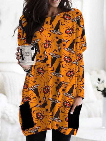 Women's Halloween Spider Witch Hat Print Pocket Long T-Shirt