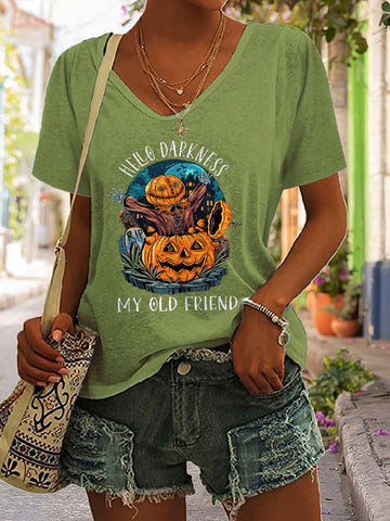 Halloween Pumpkin Hello Darkness My Old Friend V-Neck Print T-Shirt