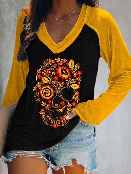 Women's Art Undead Floral Skull Print Double Layer V-Neck Long Sleeve T-Shirt