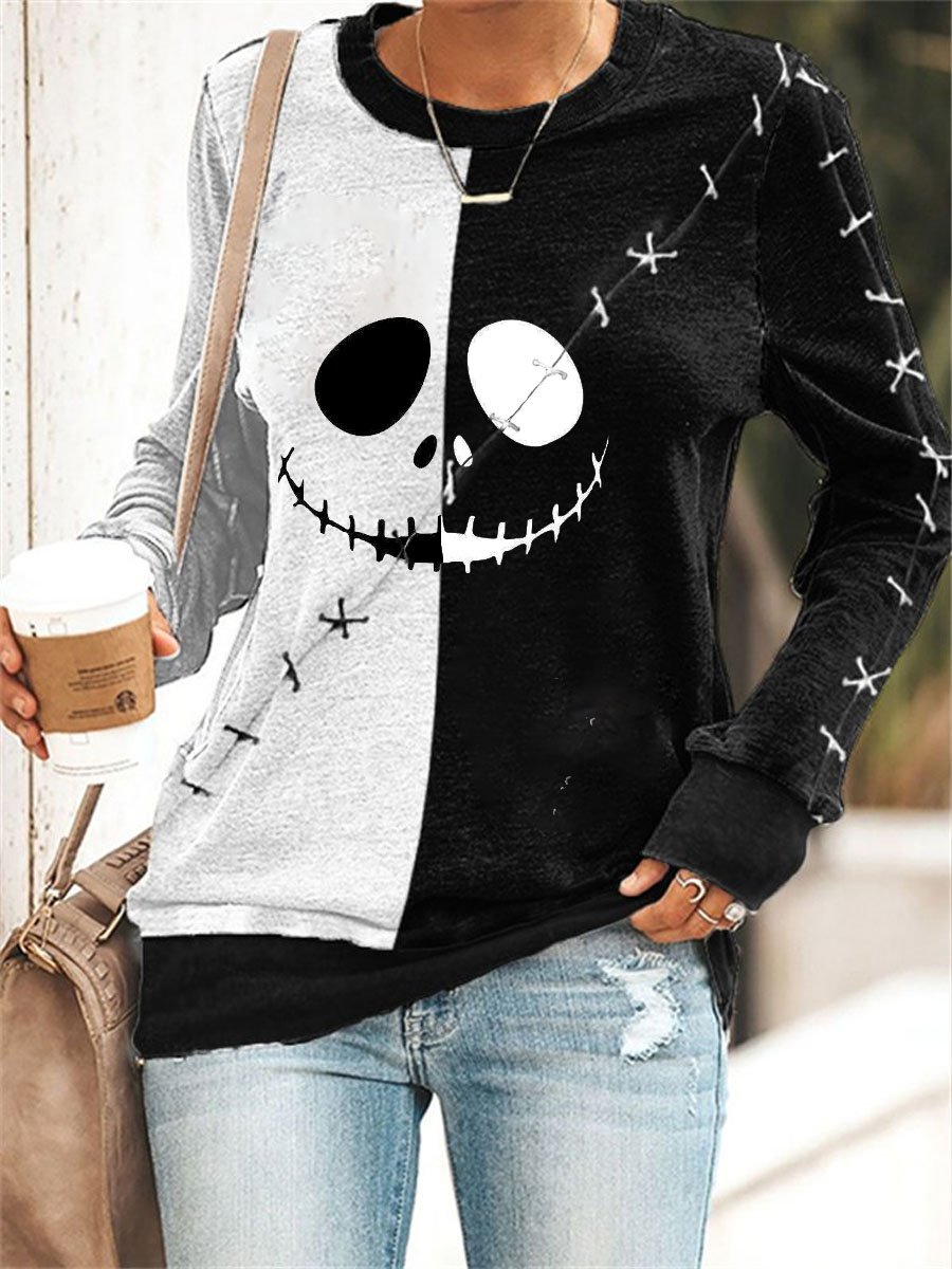 Women's Halloween Funny Skull Emoticon Print Sweatshirt