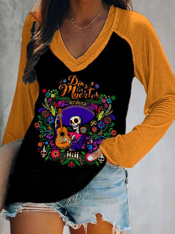 Women's Art Undead Skull Print Double Layer V-Neck Long Sleeve T-Shirt