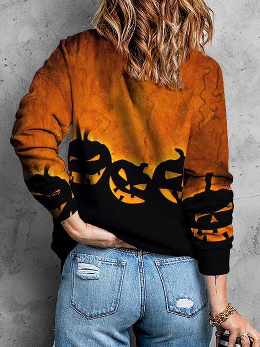 Women's Halloween Pumpkin Print Crew Neck Sweatshirt