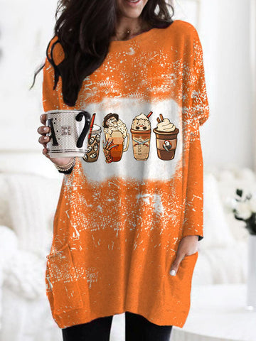 Women's Halloween Horror Fall Coffee Print Pocket T-Shirt