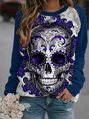 Women's Day of the Dead Art Skull Print Raglan Sleeve Sweatshirt