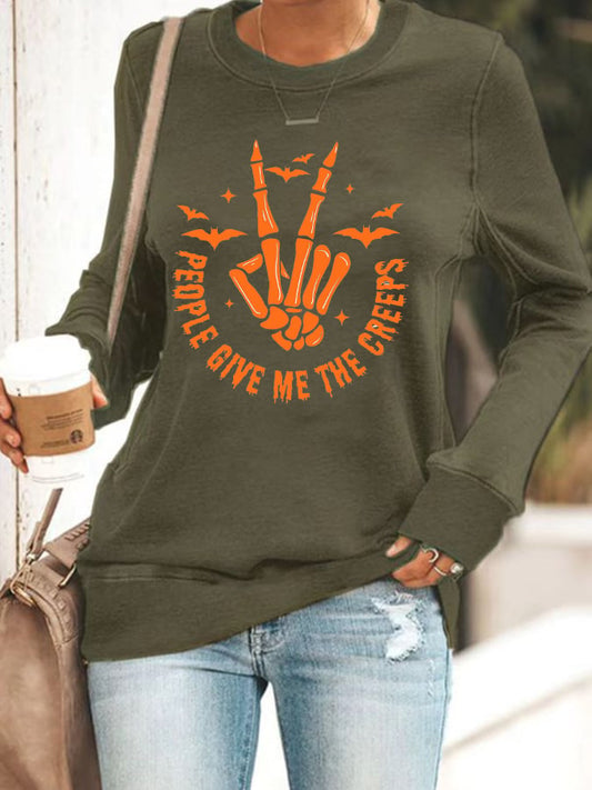 Women's Halloween People Give Me The Creeps Print Crew Neck Sweatshirt