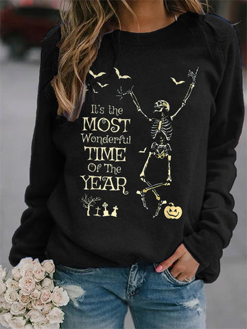 Women's It's The Most Wonderful Time of The Year Skull Pumpkin Print Sweatshirt