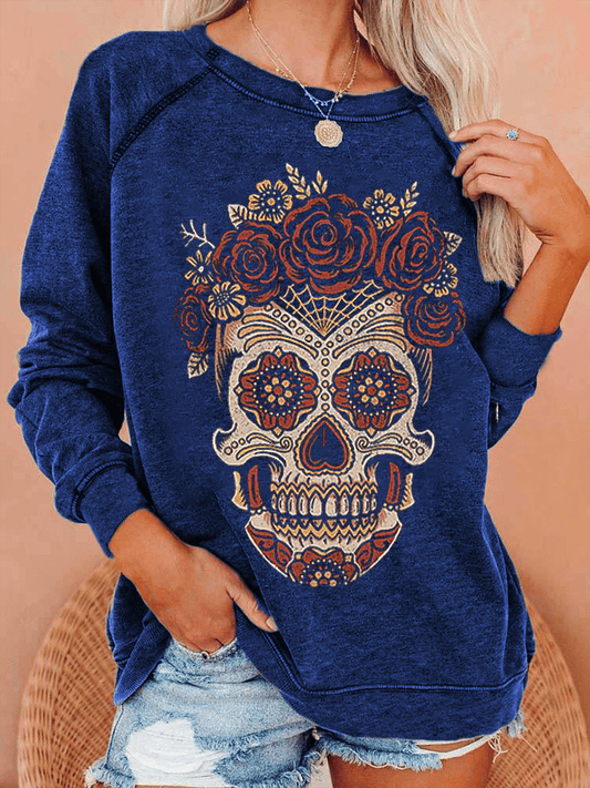 Women's Art Undead Skull Print Casual Crewneck Sweatshirt