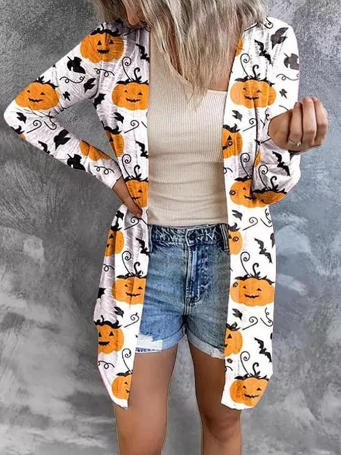 Women's Halloween Pumpkin Print Versatile Cardigan