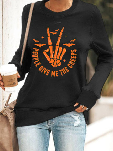 Women's Halloween People Give Me The Creeps Print Crew Neck Sweatshirt