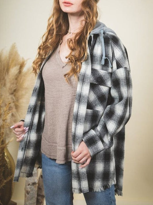 Women's Hooded Long Sleeve Plaid Fleece Coat