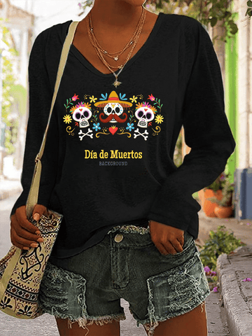 Women's Day of the Dead Print Casual V-Neck Long Sleeve T-Shirt