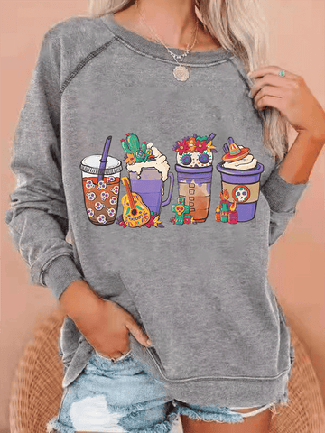 Women's Undead Coffee Fun Print Casual Crewneck Sweatshirt