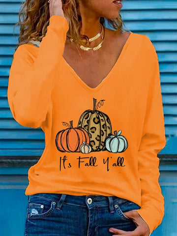 Women's Halloween It's Fall Y'all Pumpkin Print V-Neck Long Sleeve T-Shirt