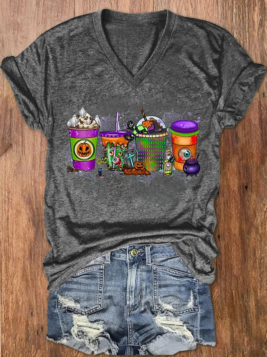 Women's Halloween Coffee  Witch Drink Print V-Neck T-Shirt