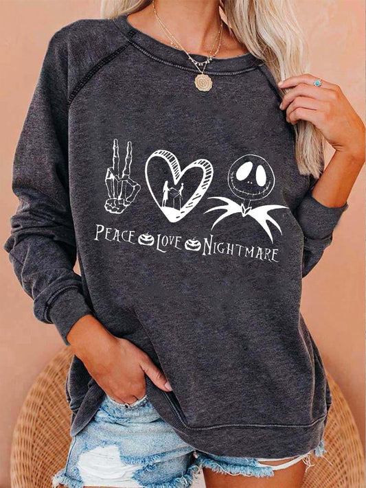 Women's Halloween Peace Love Nightmare Skull Print Top