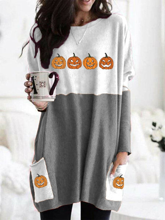 Women's Halloween Pumpkin Print Pocket T-Shirt