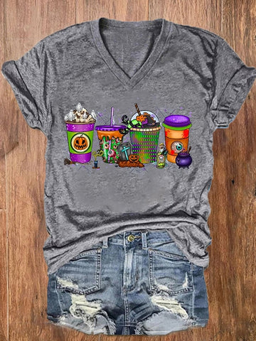 Women's Halloween Coffee  Witch Drink Print V-Neck T-Shirt