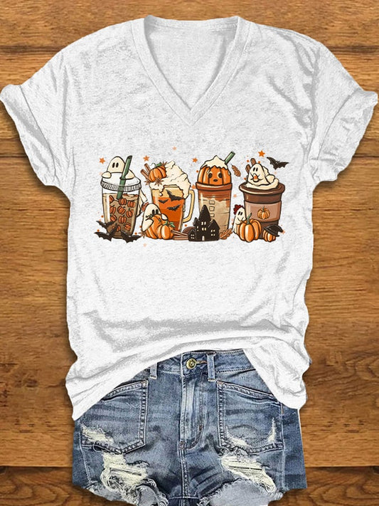 Women's Halloween Pumpkin Bat Print V-Neck T-Shirt