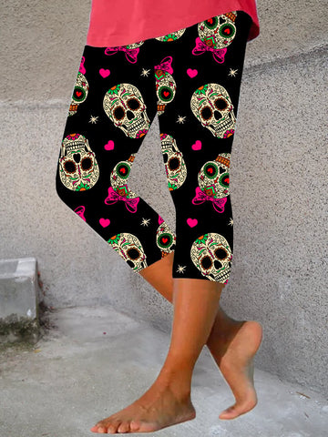 Women's Floral Skull Print Cropped Leggings