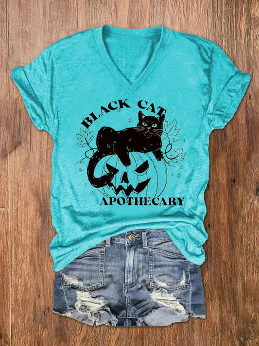 Women's Black Cat Apothecary Print V-Neck T-Shirt