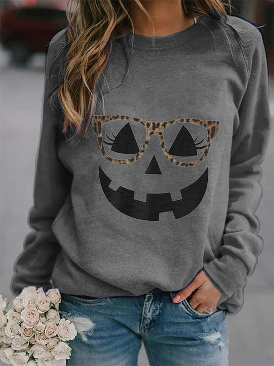 Women's Thanksgiving Halloween Leopard Print Glasses Funny Pumpkin Emoticon Print Sweatshirt