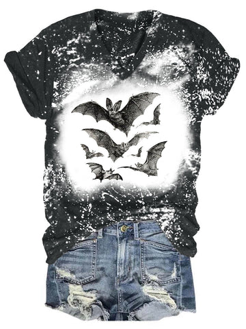 Women's Halloween & Bat Print V-Neck T-Shirt