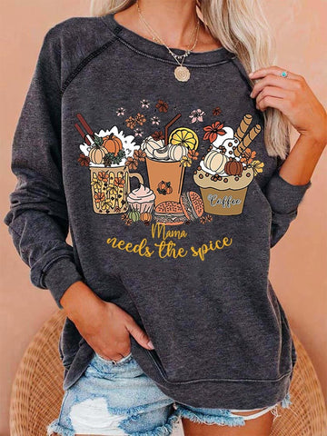 Women's MAMA NEEDS THE SPICE Print Casual Crew Neck Sweatshirt