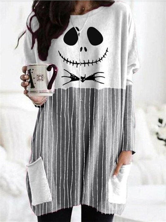 Women's Halloween Funny Skull Expression Bow Tie Striped Print Patchwork Sweatshirt