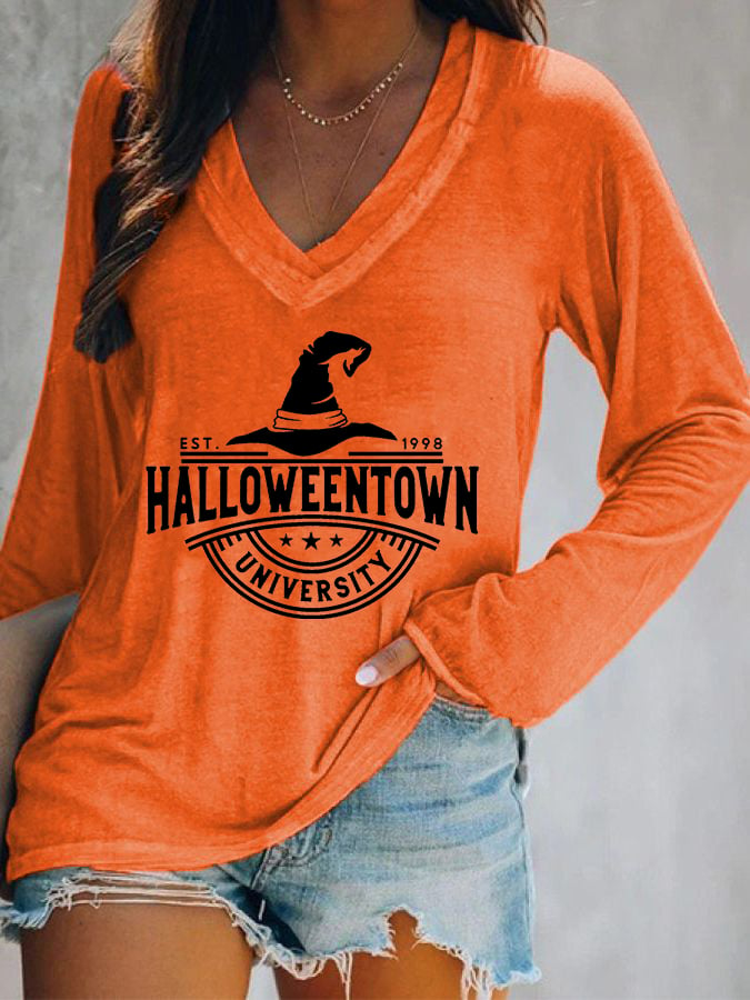 Women's Halloweentown University Print Double Layer V-Neck Long Sleeve T-Shirt