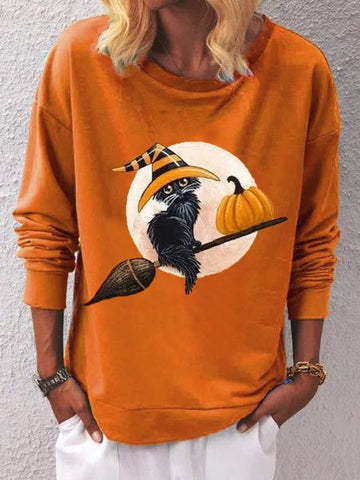 Women's Halloween Black Cat Print Casual Sweatshirt