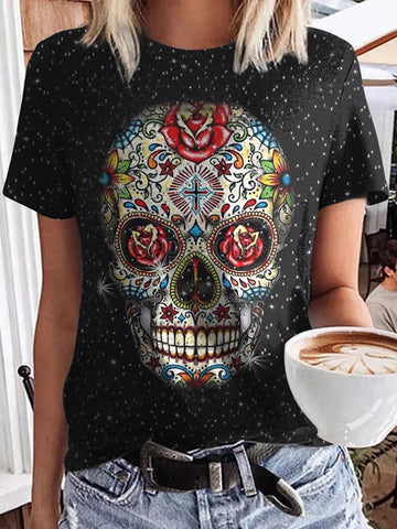 Women's Diamond Skull Print Casual Tee