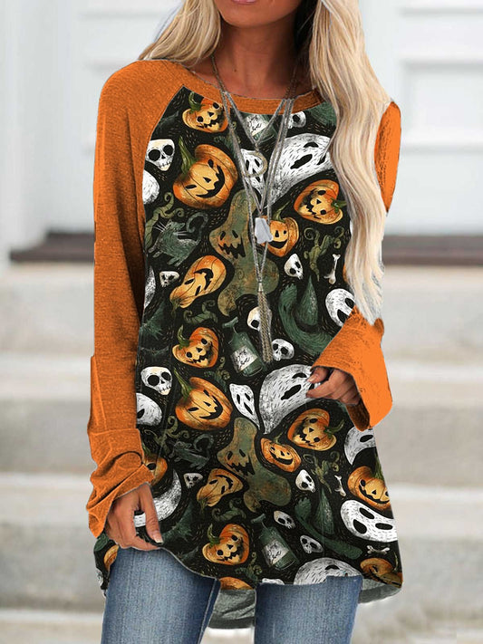 Women's Halloween Ghost Pumpkin Print Long Sleeve Top