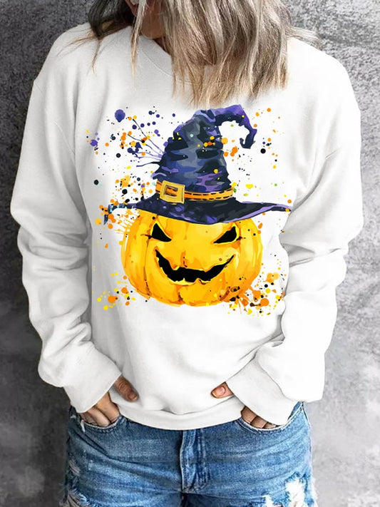 Women's Halloween Pumpkin Wizard Hat Painting Sweatshirt