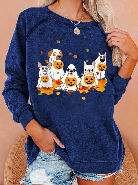 Women's Halloween Ghost Dog Print Casual Crewneck Sweatshirt